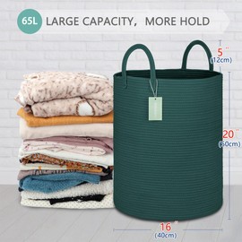 BOSROTY Large Laundry Hamper Basket for Girls Boys Kids 65L, Tall Nursery Hamper with Handles, Woven Blanket Basket for Storage Toys Clothes Towels, 16”x 20”, Dark Green