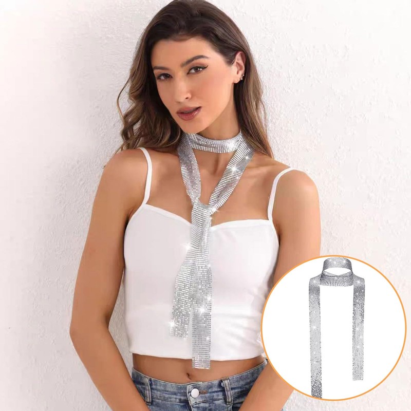LBJFYHJN Glitter Silver Scarf, Slim Sequin Scarf for Women, Glitter
