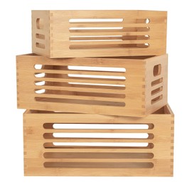 ANMINY 3PCS Bamboo Wood Storage Bins Natural Wooden Boxes Crates for Storage, Decorative Wooden Basket Container with Handles for Home Kitchen Shelf Cabinet Drawer