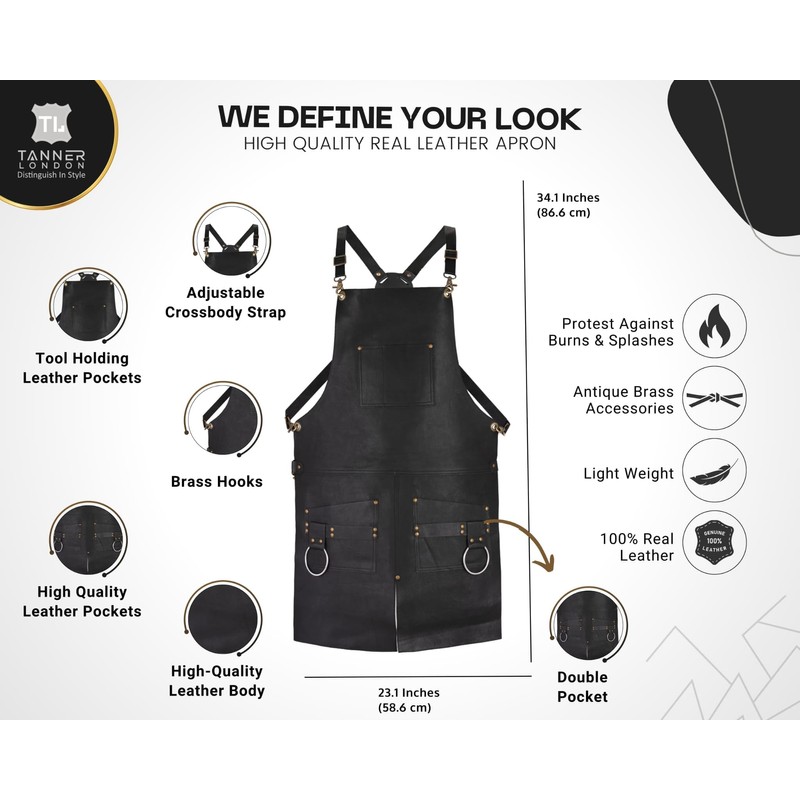 TANNER lONDON Split Leg Design Leather Apron, Brown, Green, Black,