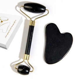 Natural Jade Roller & Gua Sha Set, Self Care Colorful Gift for Face Eye Neck Massager for Women Men, Jade Gua Sha Tool for Face for Skin Care, Improves Skin Tone-Beauty & Skincare (Black)