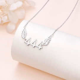 FLYOW Angel Number 444 Necklace 925 Sterling Silver Angel Wings Pendant Necklace Lucky Choker Necklace Numerology Jewelry Birthday Christmas Gifts for Women