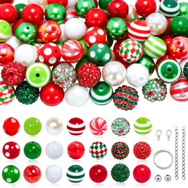 CREATZONE 100Pcs 20MM Christmas Bubblegum Beads Rhinestone Pearl Crystal Resin Round Beads with Jewelry Findings for Jewelry Making Garland Holiday Party Festival Tree Hanging Decorations.