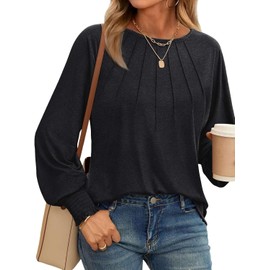 Pawate Women's Long Sleeve Shirts Autumn Top Elegant Dressy Casual Pleated Base Trendy Tops Tunic Winter Clothing, A-Black, L