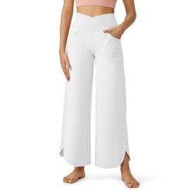 G4Free Loose Relaxed Fit Pants Women Wide Leg Flowy Open Hem Yoga Dance Pants Flowy Crop Pajamas Lightweight Palazzo Culottes(White,M,25")