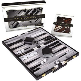 Crazy Games Backgammon Set - Classic Black Medium 15 Inch Backgammon Sets for Adults Board Game with Premium Leather Case - Best Strategy & Tip Guide (Black, Medium)