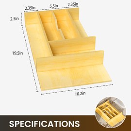 Evjocoh Silverware Drawer Organizer Wood with Adjustable Partition Utensil Cutlery Flatware Cabinet Storage (10.2" W x 19.5" D x 2.5" H)