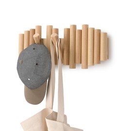 Umbra Umbra Picket 5 Hooks, Wall-Mounted Rail, Doubles as Art, Beveled Pine Wood Dowels, Natural Finish