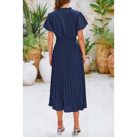 PRETTYGARDEN Summer Long Dresses for Women Puff Short Sleeve V Neck Swiss Dot Pleated A Line Casual Flowy Party Midi Dress (Navy,Large)