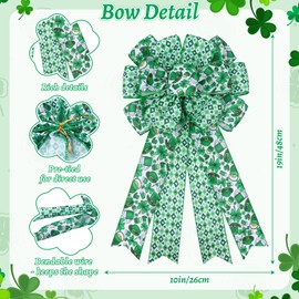 KOPHINYE St Patricks Day Bow for Tree Topper Decorations, Large Green Clover Buffalo Plaid Burlap Bow for Wreath Front Foor, Outdoor St Patrick's Day Party Home Décor