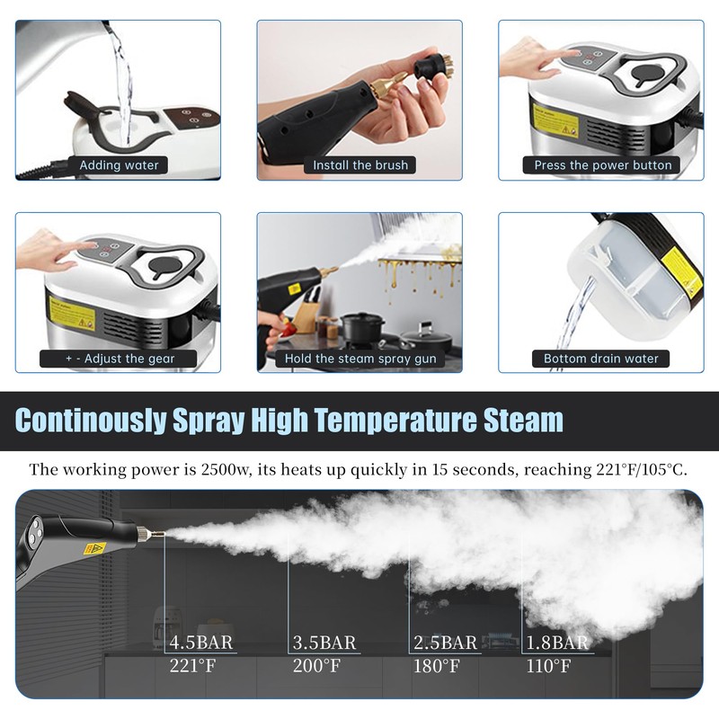 Powerful 2500W Handheld Steam Cleaner,15s Fast Heat-Up & High-Pressure Steam,