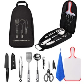 Sadodo Camping Cooking Untensils Accessories Set,9PCS Camping Kitchen Utensils Organizer,Stailess Steel Multifunctional Cutter Spoon Spatula cleaning cloth With Storage Bag