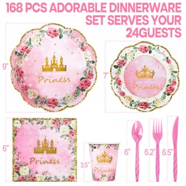 168 Pieces Pink Princess Disposable Party Dinnerware - Princess Paper Plates Napkins Cups Plastic Forks Knives Spoons For Girls Kids Birthday Party Baby Shower Decorations