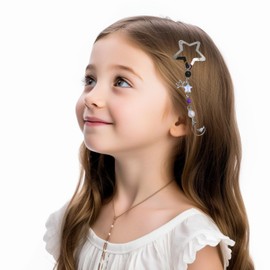 Star Metal Snap Hair Clips - 2Pcs Silver Y2K Star Clips with Metal Star and Moon Chain Tail Cute Hair Clips Star Hair Barrettes Y2K Hair Accessories for Women Girls Hair Styling Gifts