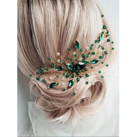 Teyglen Bridal Wedding Hair Comb - Green Rhinestone Crystal Side Hair Comb Flower Headpiece for Women - Bride Hair Accessories for Christmas Party Prom