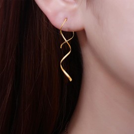 Spiral Threader Earrings, 14k Gold Earrings for Women, Handmade Drop Dangle Open Hoops Twisted Linear Curved Pull Through Earrings for Women Girls