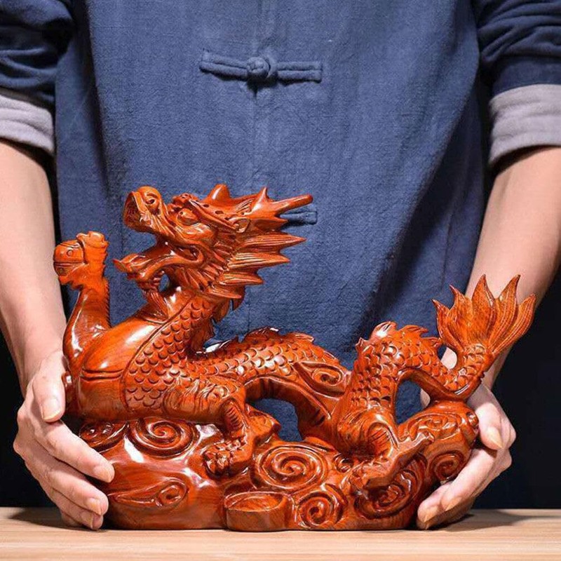 Baluue Creative Chinese Dragon Ornament Wooden Dragon Statue Decor for