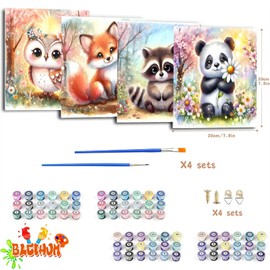 bleihum 4 Pack Animal Paint by Number for Kids with Wooden Frame-Animal Paint by Numbers for Kids Ages 4-8-12,Kids Paint by Numbers DIY Crafts Kits for Home Wall Decor Gifts(8X8inch)