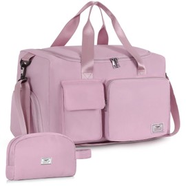 FIORETTO Womens Mens Sports Gym Bag Duffle Bag with Shoes Compartment, Weekend Travel Bag Overnight Bag for Women, Foldable Water Resistant Holdall Hospital Bag for Swimming with Toiletry Bag Pink