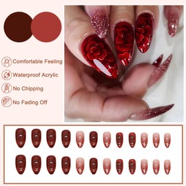 Pack of 24 Stick-On Nails Almond, French Press on Nails Red Flowers Artificial Fingernails for Sticking, Shiny False Nails Stiletto Acrylic Full Cover False Nails for Women Girls Nail Art