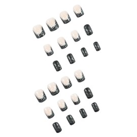 Nude Black Glitter Press on Nails Fake Nails Short Square Coffin,Aqinmony with Designs False Nails Short Square Coffin, French Tip Full Cover Glue on Nails, Glossy Acrylic Thick Stick on Nails For Women 24Pcs F-579