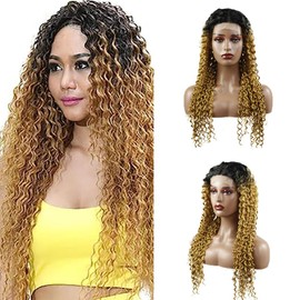 Weeybay Deep Wave 4x4 Lace Front Wigs 1B/27 Black Root Honey Blond 100% Unprocessed HD Transparent Human Hair Wigs Ombre Blonde Color for Women 14 Inch