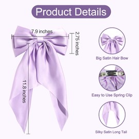 Beleki Purple Hair Bows White Hair Bows for Women, Solft SIilky Satin Bow with Long Tail Oversized Hair Bow Clips French Barrettes Coquette Bow Hair Accessories for Women & Girls (2 Pack)