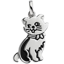 Jobo Women's Cat Pendant 925 Sterling Silver Black Lacquered, Silver, No Gemstone