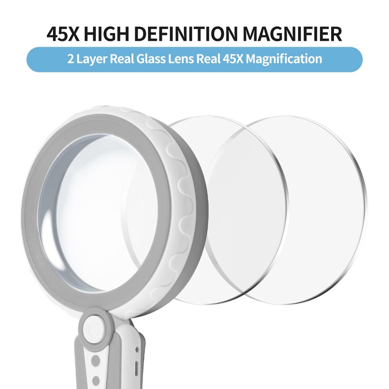 HUIBOER 45X Magnifying Glass with Light, 3 Color Modes Handheld