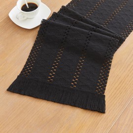 YATOJUZI Black Table Runner Pure Black Boho Table Runners with Tassels Seasonal Long Table Runner Rustic Farmhouse Table Runners for Halloween Dining Bedroom Kitchen Decor 12x71 Inches