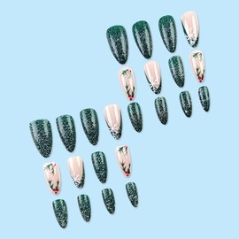 Christmas Press on Nails Medium Almond Fake Nails Green False Nails with Glitter Design Snowflake Holly Glue on Nails Glossy Acrylic Nail Full Cover Nude Stick on Nails for Women Girls Manicure 24Pcs