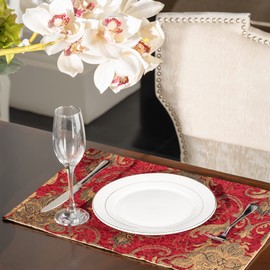 Loom and Mill Luxury Damask Placemats for Christmas, Set of 4 Vintage Jacquard Chenille Table Place Mats for Dining Table Kitchen Thanksgiving Decorations, Double-Layer Dining Table Mats(12"x18",Red)