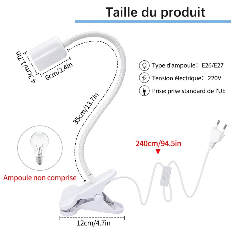 Clamp Light E27 with Clamp 360° Gooseneck Flexible Adjustable 35cm