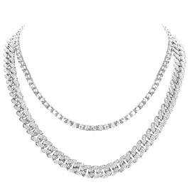 HH BLING EMPIRE Gold Silver Diamond Tennis Cuban Link Chain Necklace for Men Women, Rhinestone Cuban Curb Tennis Necklaces for Women and Teens, Diamond Necklace Sets 2pc (Set A-Silver-24)