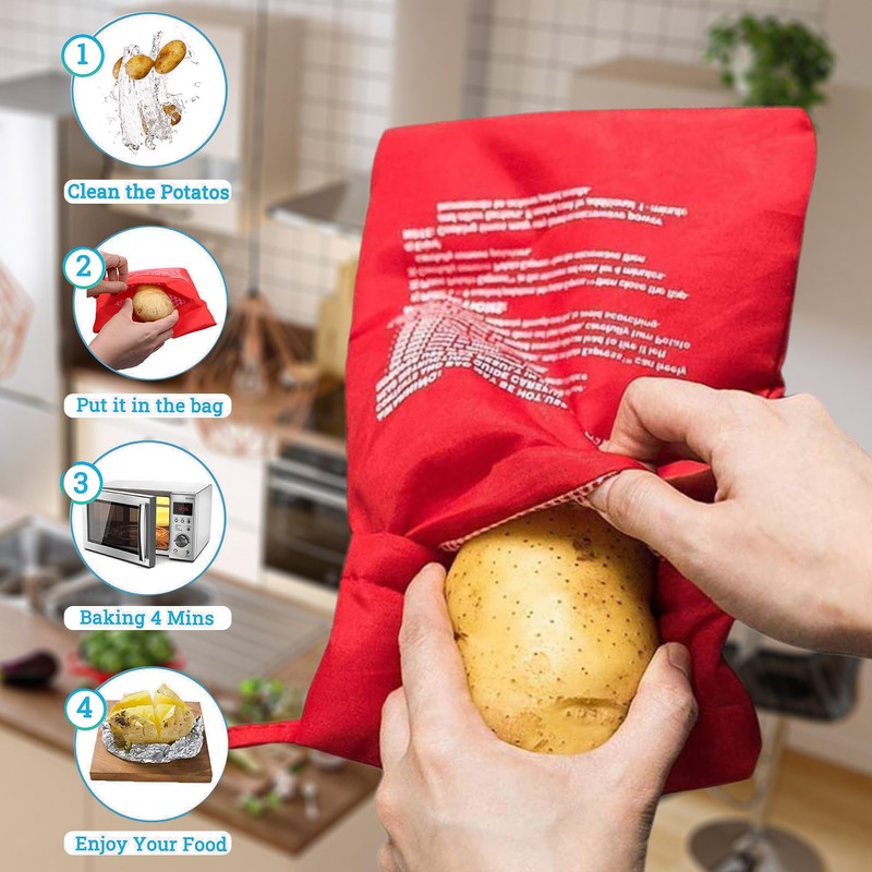 4-Pack Baked Potato Microwave Bag - Reusable Pouch and Potato