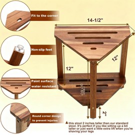 IBosins Corner Shower Stool with Storage Shelf Shower Foot Rest for Shaving Legs Small Bench for Inside Shower to Sit on Bath Seat - Acacia Wood, 16.1in