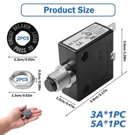 3 AMP 5 AMP Push Button Manual Reset Thermal Circuit Breakers, Thermal Overload Protector 32V DC, 125/250V AC, 50/60Hz (Pack of 2)