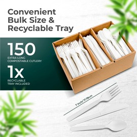 100% Compostable cutlery knives forks spoons 150 Large Disposable Biodegradable Compostable Utensils Durable HeavyDuty Silverware heat resistant alternative to plastic with convenient tray 150pc 7inch