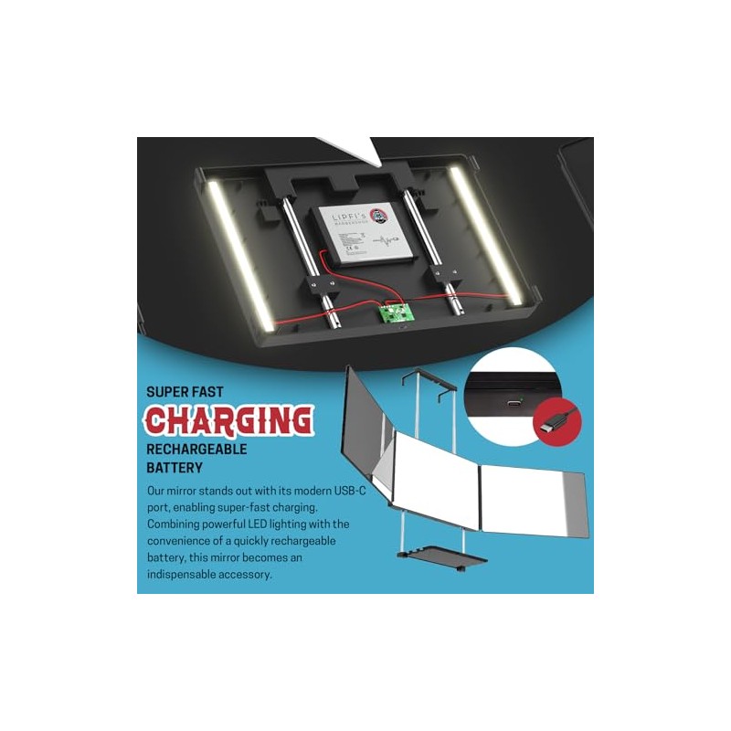 Espejo de 3 caras LED + soporte bandeja – Corte