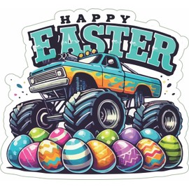 Happy Easter Monster Truck Vinyl Sticker – 4.5″×4.5″ Epic Egg Crusher Decal for Bold Festive Vibes CAR Bumper LAPTOPS Trucks