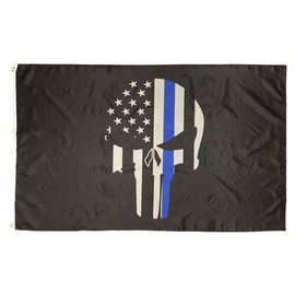 AES Wholesale Combo 3x5 USA Thin Blue Line Demon Skull Flag & Adjustable Hat Cap Fade Resistant Double Stitched Premium Penant House Banner Grommets