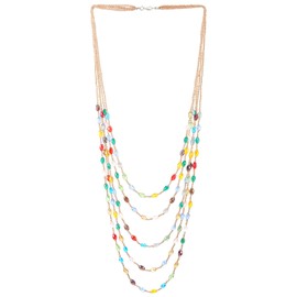 COOLSTEELANDBEYOND Colorful Oval Beads Statement Necklace Multi-Strand Long Chains with Crystal Charm Pendant