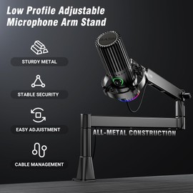 BASN Low Profile Mic Arm, Microphone Boom Arm Stand with Desk Clamp - Rotatable & Storable Design, Cable Management Channel, 3/8" to 5/8" Thread Adapter for Podcast, Gaming, Streaming, Vocal Recording