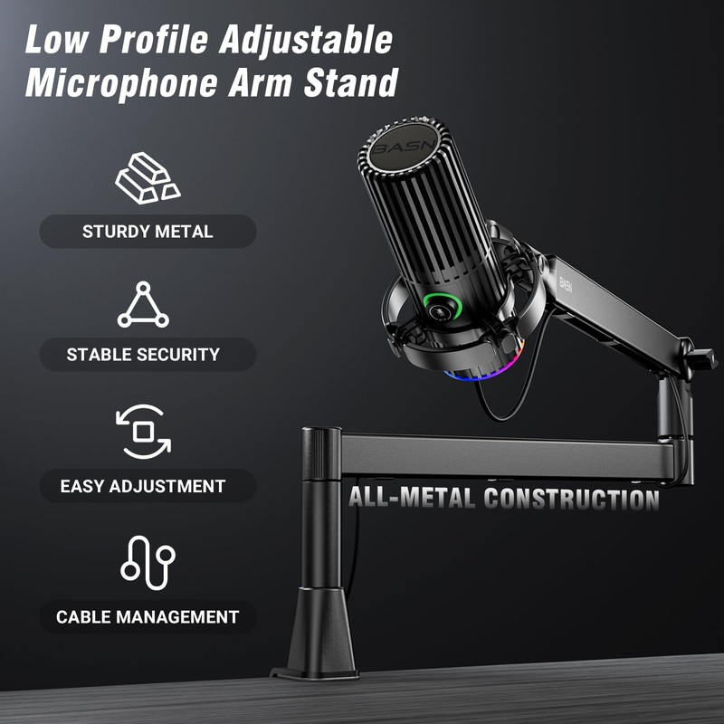 BASN Low Profile Mic Arm, Microphone Boom Arm Stand with