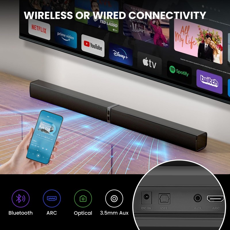MZEIBO Sound Bar for Smart TV，80W Bluetooth Soundbar 2-in-1 Detachable