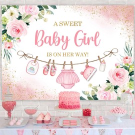 Sensfun Cute Clothes Baby Shower Backdrop A Sweet Baby Girl is On Her Way Banner Watercolor Pink Floral Sweet Little Girl Baby Shower Party Decorations Banner Supplies Photo Booth Props 7x5ft