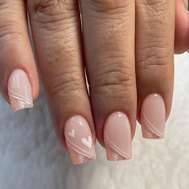 Valentines Press on Nails Medium Square French Tip Fake Nails Nude Pink Full Cover White Heart False Nails with Designs Glitter Glossy Glue on Nails Acrylic Manicure Artificial Nails for Women Girls