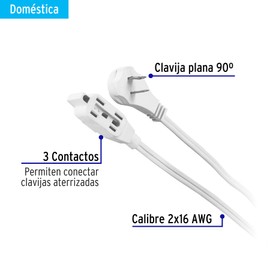 Volteck ED-3B, Extensión eléctrica doméstica, 3 m, blanca
