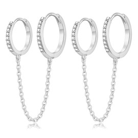 CERSLIMO Silver Chain Hoop Earrings for Women - Double Piercing Chain Huggie Hoop Earrings for Two Holes, Small Dangle Chain Cubic Zirconia Hoop Earrings for Men Jewelry Gifts
