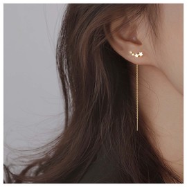 Allereya Vintage Star Threader Earrings Crystal Star Stud Earrings Long Chain Earrings Gold Bar Earrings Jewellery for Women and Girls (Gold)